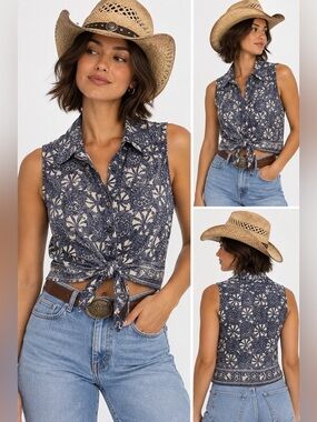 Izod  Navy Floral Tie-Front Cotton sleeveless Blouse Size 8